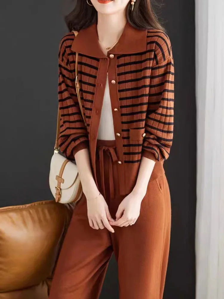 Women Elegant Knitted 2 Piece Sets Casual Striped Long Sleeve Knit Cardigan Tops Conjuntos Korean High Waist Sweatpants Outfit