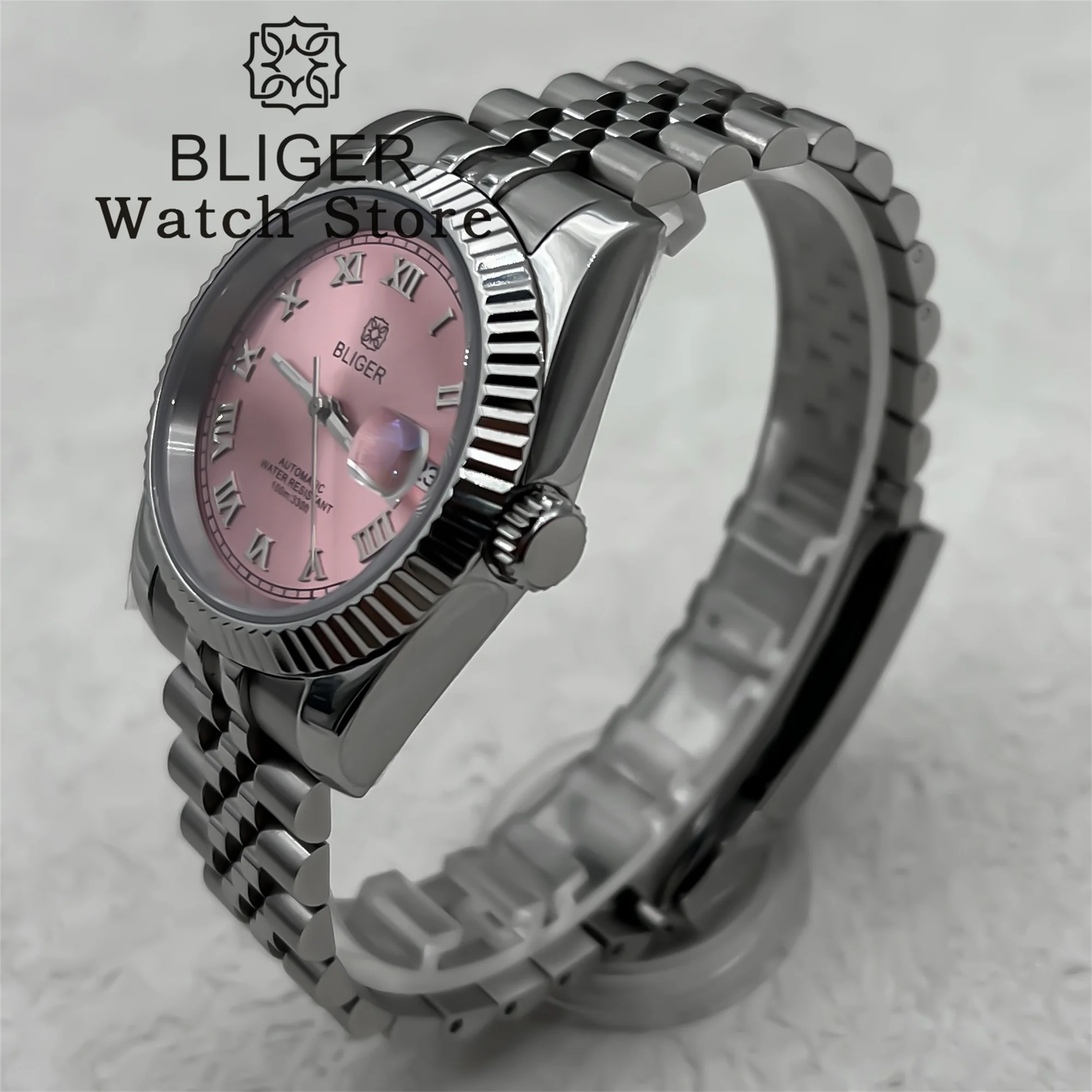 BLIGER 36mm 39mm Sunburst Pink Dial Silver Roman Numbers NH35A Automatic Men Watch Stainless Strap Sapphire Glass For Datejust