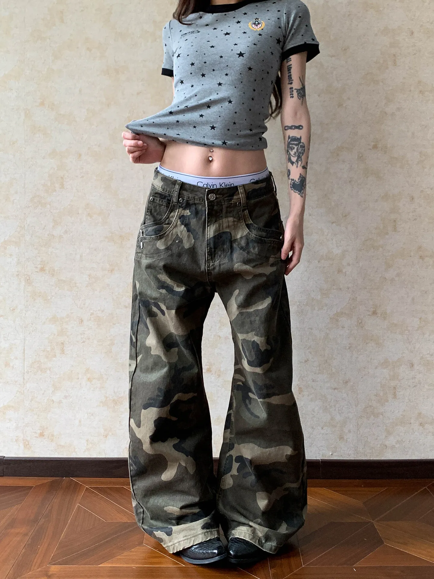 American Vintage Camo Cargo Pants Women Paris Buckle Scimitar Wide Leg Loose Streetwear Hip Hop Casual Long Trousers