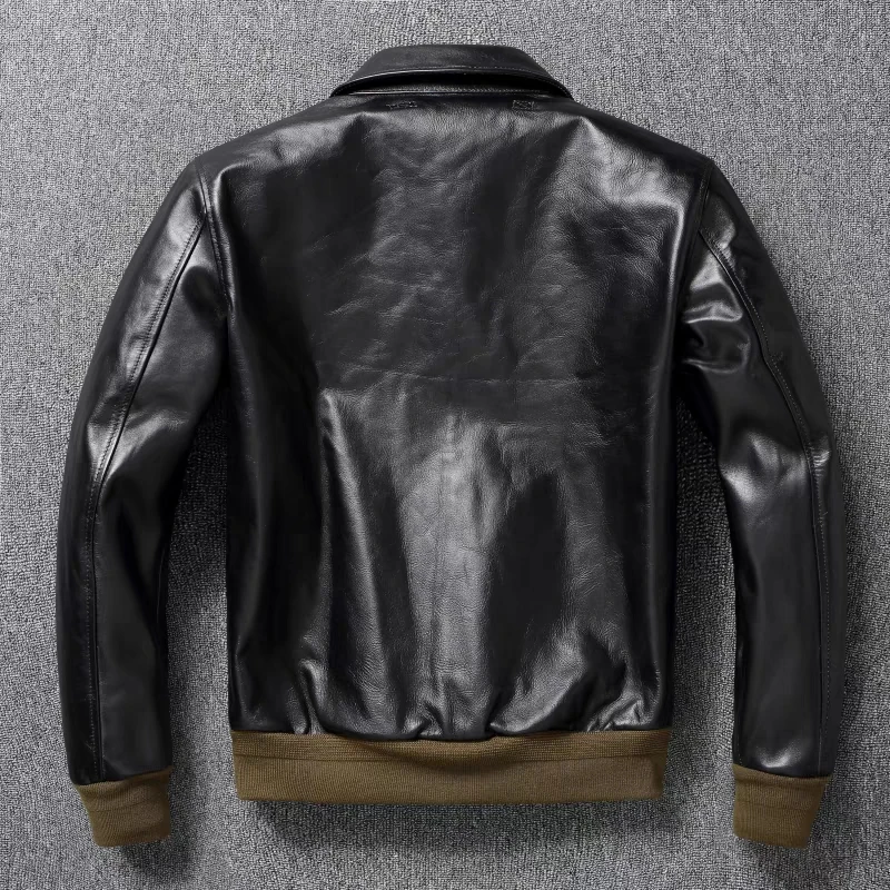 A2 Men\'s Bomber Jacket Tea Core Horse Leather Cropped Motorcycle Jacket Natural Leather Loose Coat Military Men\'s Leather Jacket