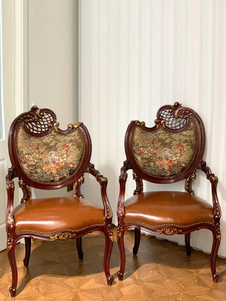 All solid wood chair household leather soft bag living room hotel desk chair leisure chair antique
