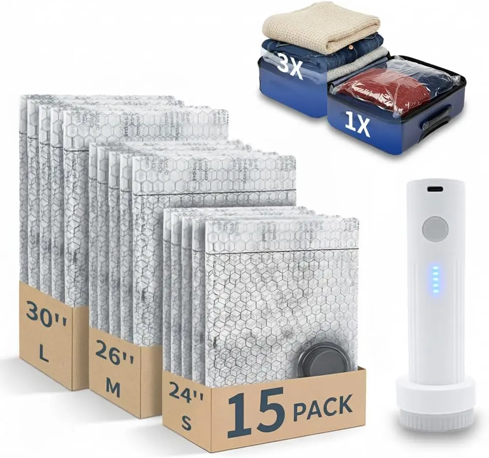 

15 вакуумных пакетов для хранения с перезаряжаемым электрическим насосом для сжатия воздуха, для путешествий, одежды, одеял, домашнего хранения, экономия места