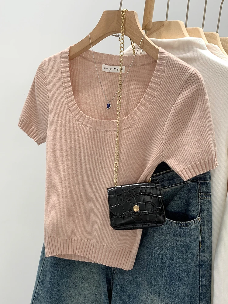 

Elegant Pink Thin U-Neck Elastic Short Sleeve Knitted Top Women Summer New Style Slim Fit Short Length Fashionable Top