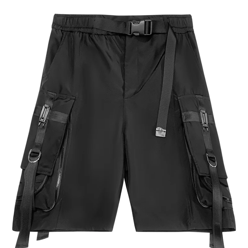 Calções de carga preta multi-bolso masculino, streetwear, jogger, calças curtas, moda masculina, moletom fita verão, roupa de mulher, novo