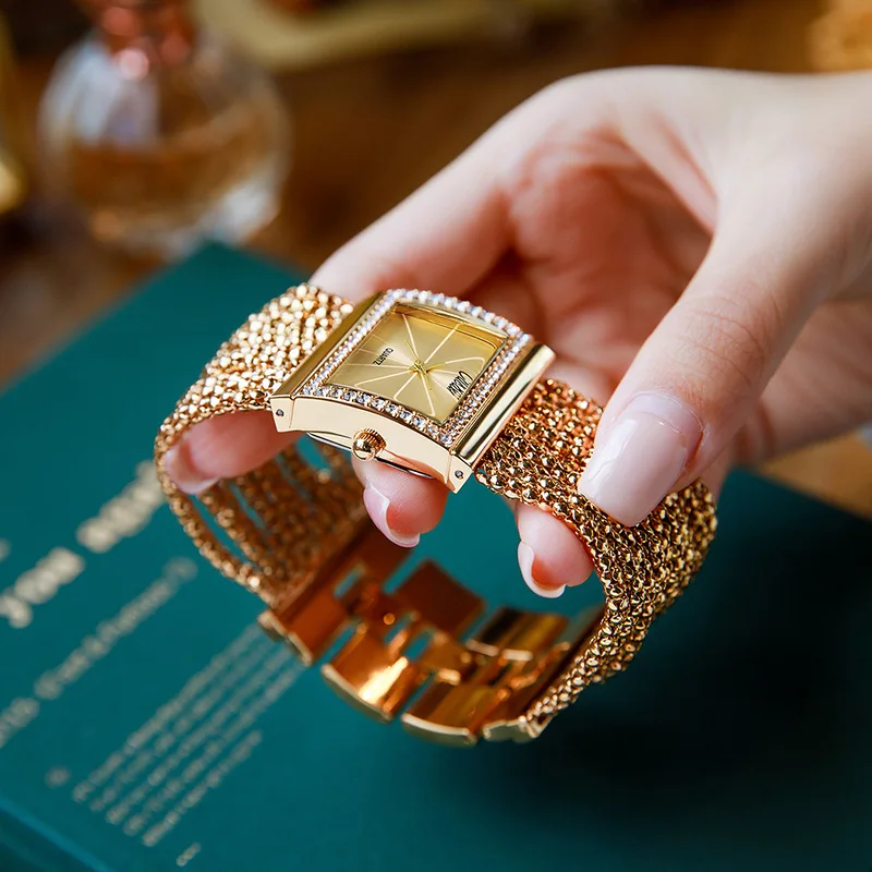 Relojes de pulsera con diamantes de imitación para mujer, pulsera femenina de marca de lujo, de oro