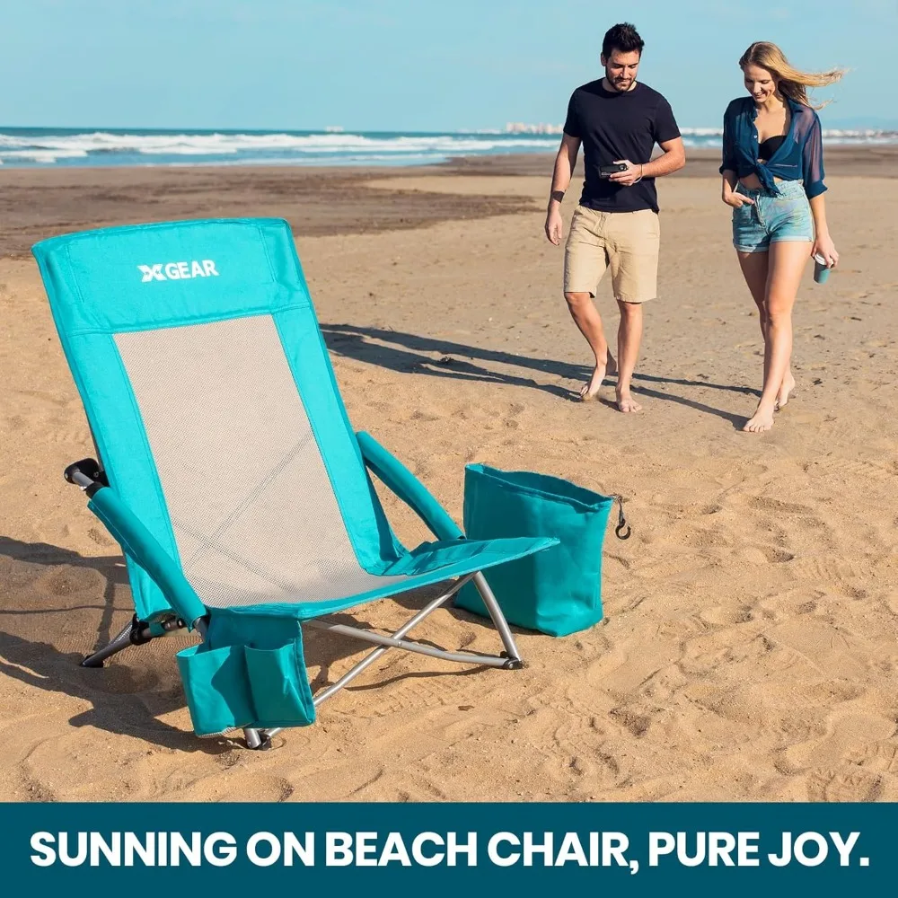 High Back Folding Beach Chair With Detachable Cooler Bag High Back Mesh Back Sand Chair for Beach Portable Folding Chairs Travel