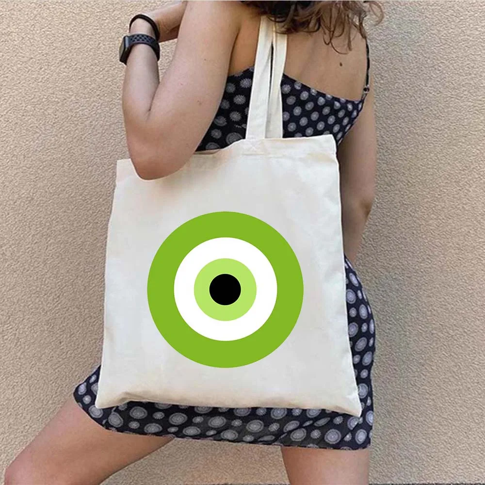 Colorful Evil Eye Charm Circles Greek Graffiti Sun Flower Men Women Canvas Shoulder Tote Bag Shopping Handbags Grocery Beach Bag