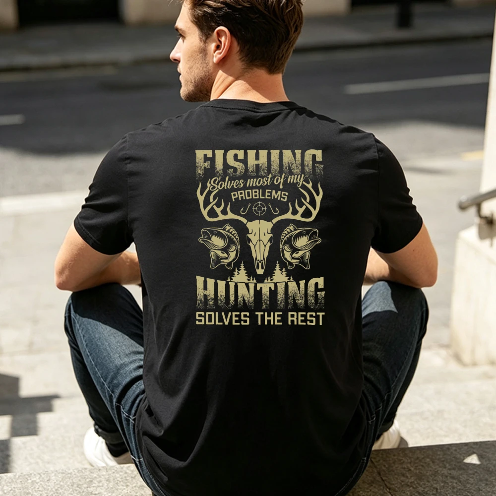 Fishing Solves Most Of My Problems Hunting Solves The Rest Vintage Deer Skull Fish Forest Back Print Hunter  T‑Shirt