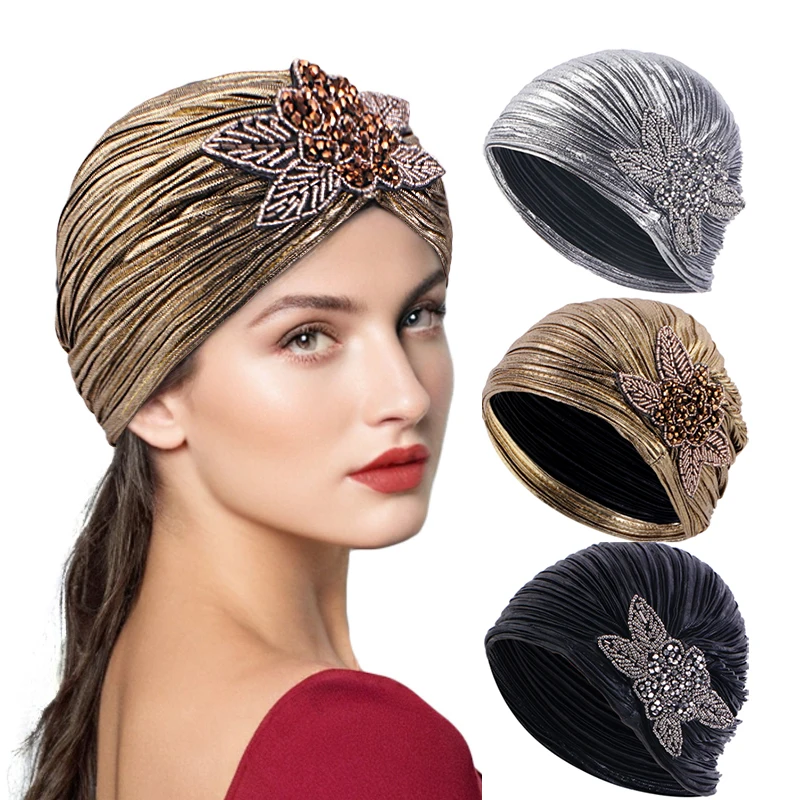

New Women luxury Metallic Shinny Ruffle Turban Head Wrap With Beaded Flower Lady Beanies Chemo Bandanas Hijab hair Accessories