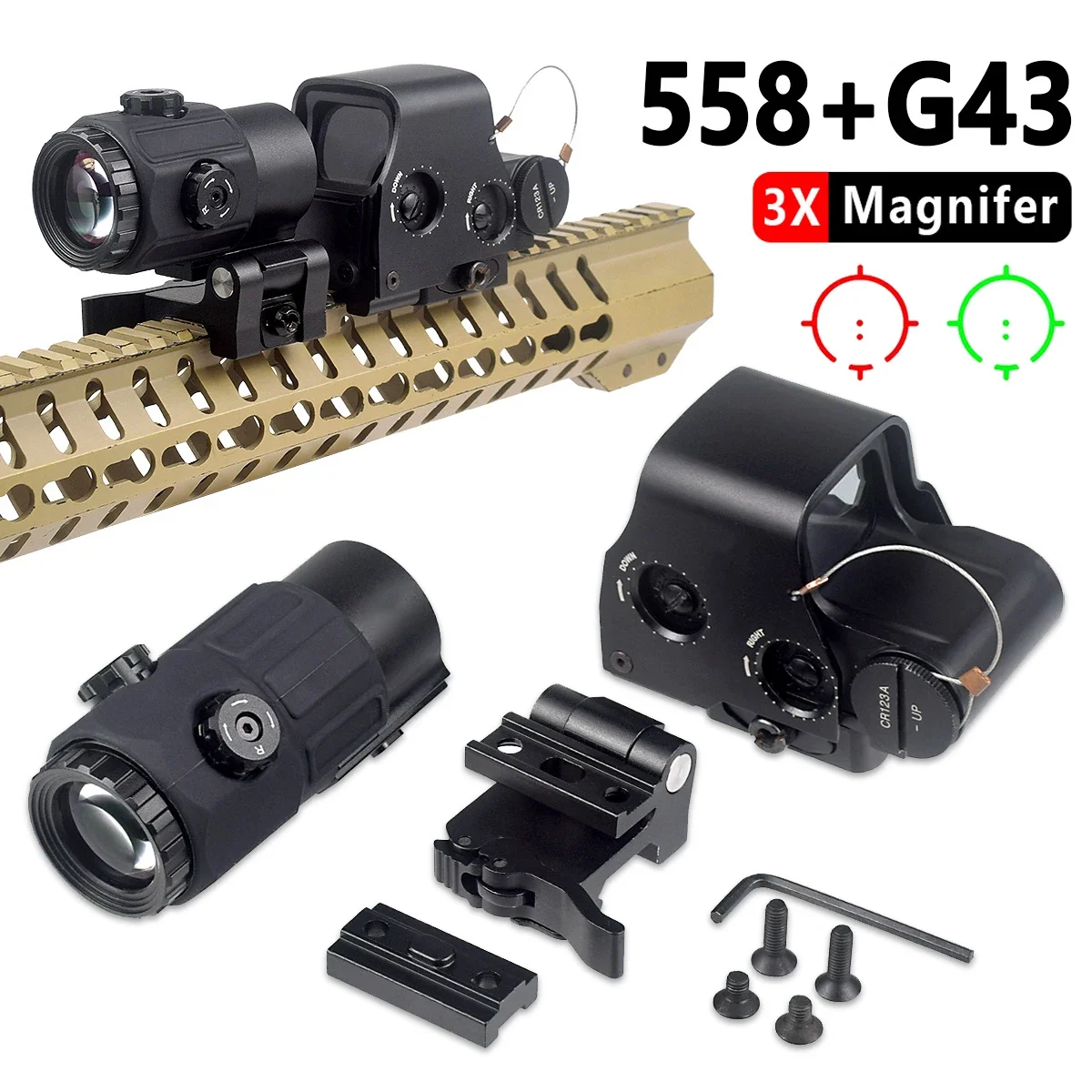 

558 Holographic Collimator Red Dot Sight G43 3X Magnifier Airsfot Hunting Gear W/20mm Rail Mounts & QD Lever 558 Unity Mount