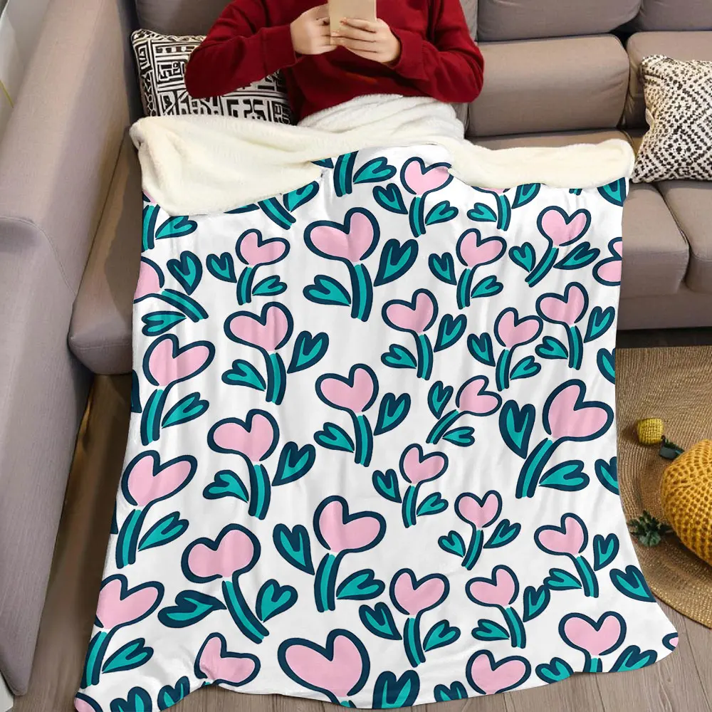 Pink Heart Flower Doodle Flannel Blanket Warm Soft Halloween Christmas Decorative Couch Warm Cozy All-Season Gift