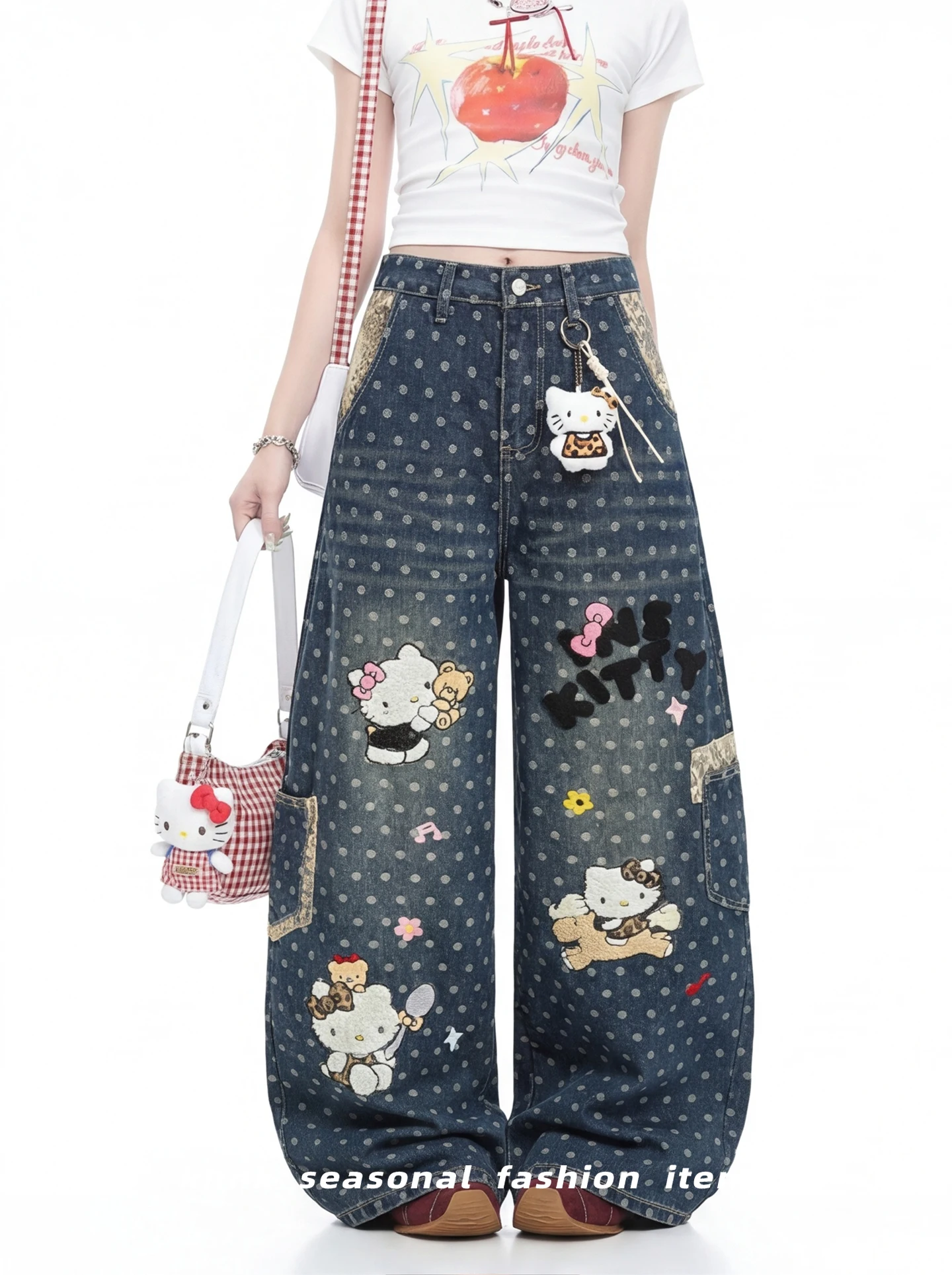 

Retro American Feel Embroidered Denim Pants Women Loose Drapey Long Summer Blue Polka Dot Wide Leg Cartoon Design Casual Cotton