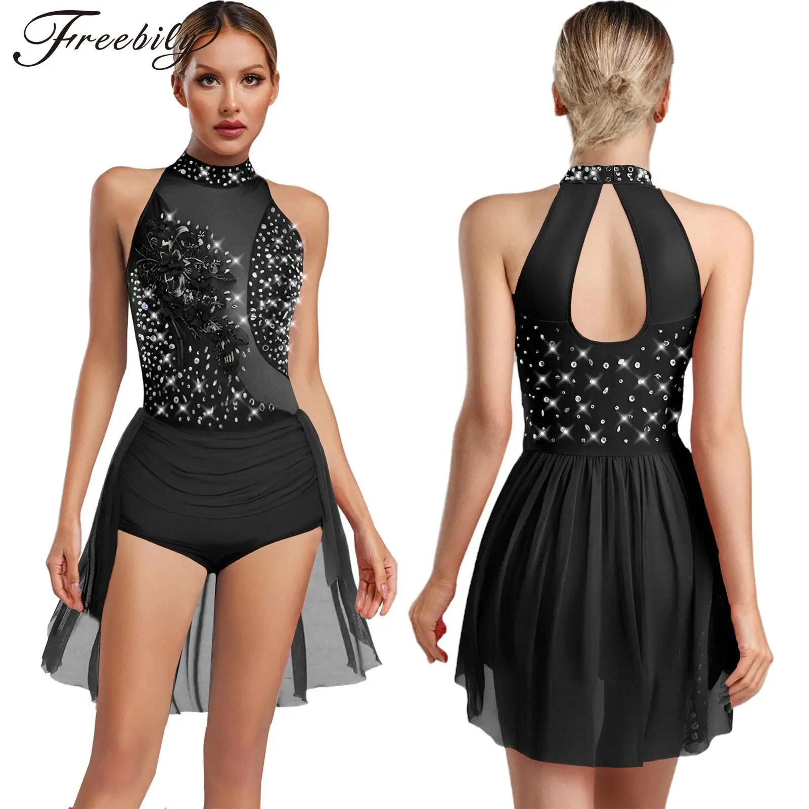 Modernes lyrisches Tanz-Trikotkleid für Damen, ärmellos, Strass-Applikation, Netz-Body für Eiskunstlauf, lateinamerikanische Chacha-Gymnastik