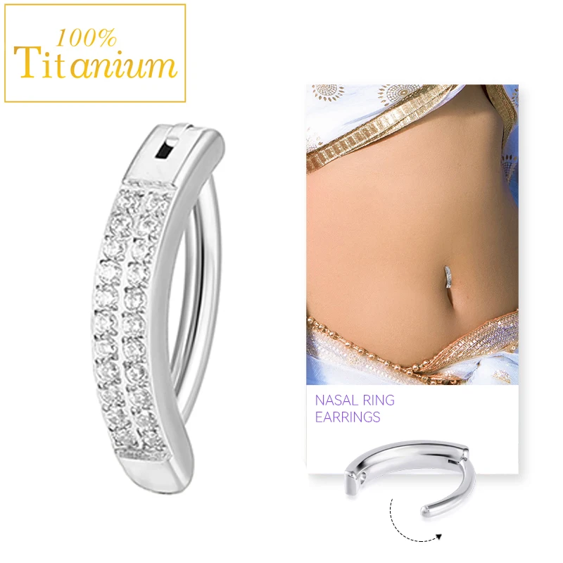 Zircon Clicker Belly Button Ring G23 Titanium Navel Piercing Reverse Curved Babell Perforated Bar Body Jewelry 10MM Earrings 16G