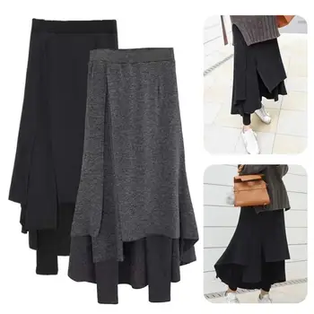 Women Leggings Skirt High Waist Irregular Split Hem Thickened Maxi Skort Women Skirt Pants Fake Two Piece Fleece Lining Leggings