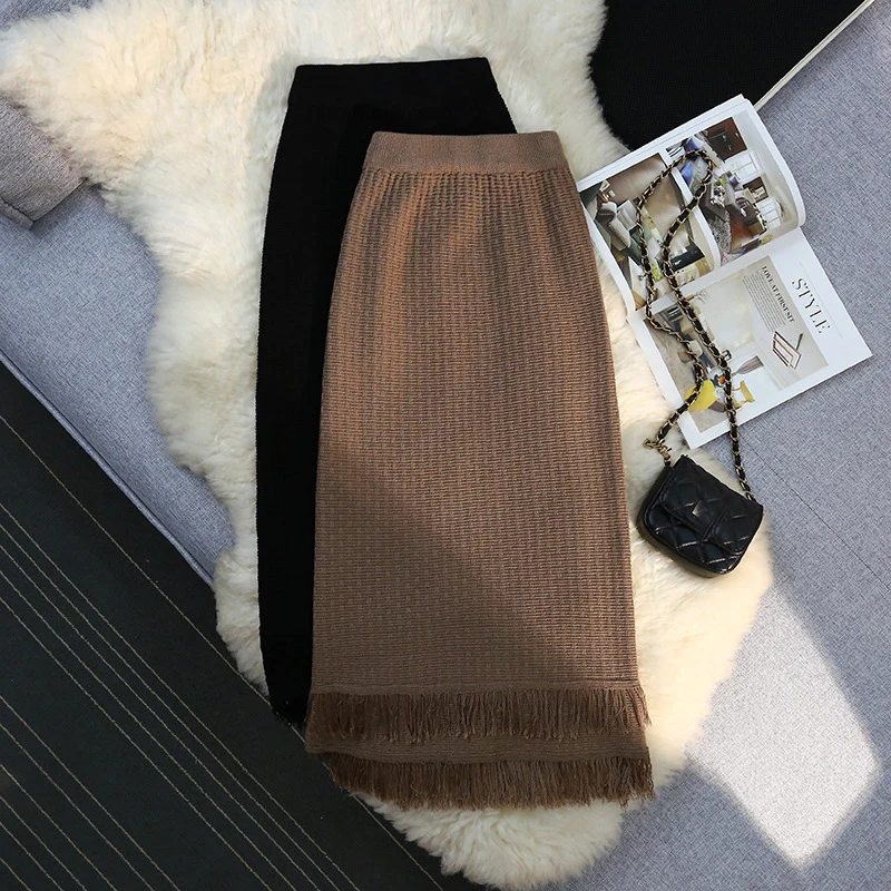 

Осень/зима, вязаная юбка с кисточками для женщин, однотонная вязаная юбка с высокой талией, повседневная мода, ретро, жаккардовые юбки с эластичной резинкой на талии