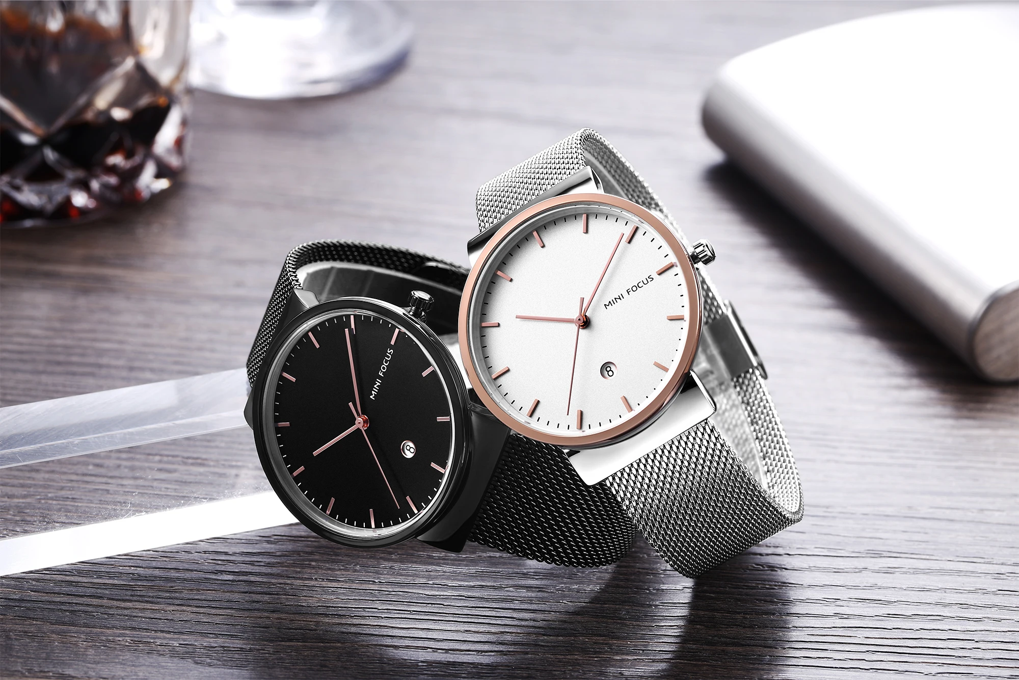 Mini Focus MF0184G Men Dress Watch Mesh Stainless Steel Band Waterproof Calendar Business Quartz Watches