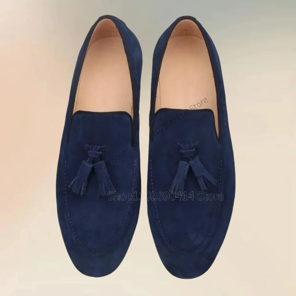 Navy Tassels Decor Flock Men Loafers Fashion Slip On Men Shoes Classic Handcraft Party Feast Banquet Big Size Men Casual Shoes