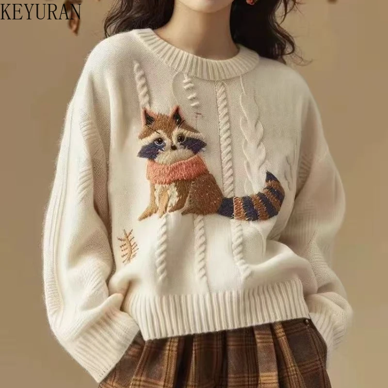 

Autumn Winter Cartoon Embroidery Sweater Pullover Women's Korean Style Casual Loose O-Neck Long Sleeve Knit Tops Knitwear Female