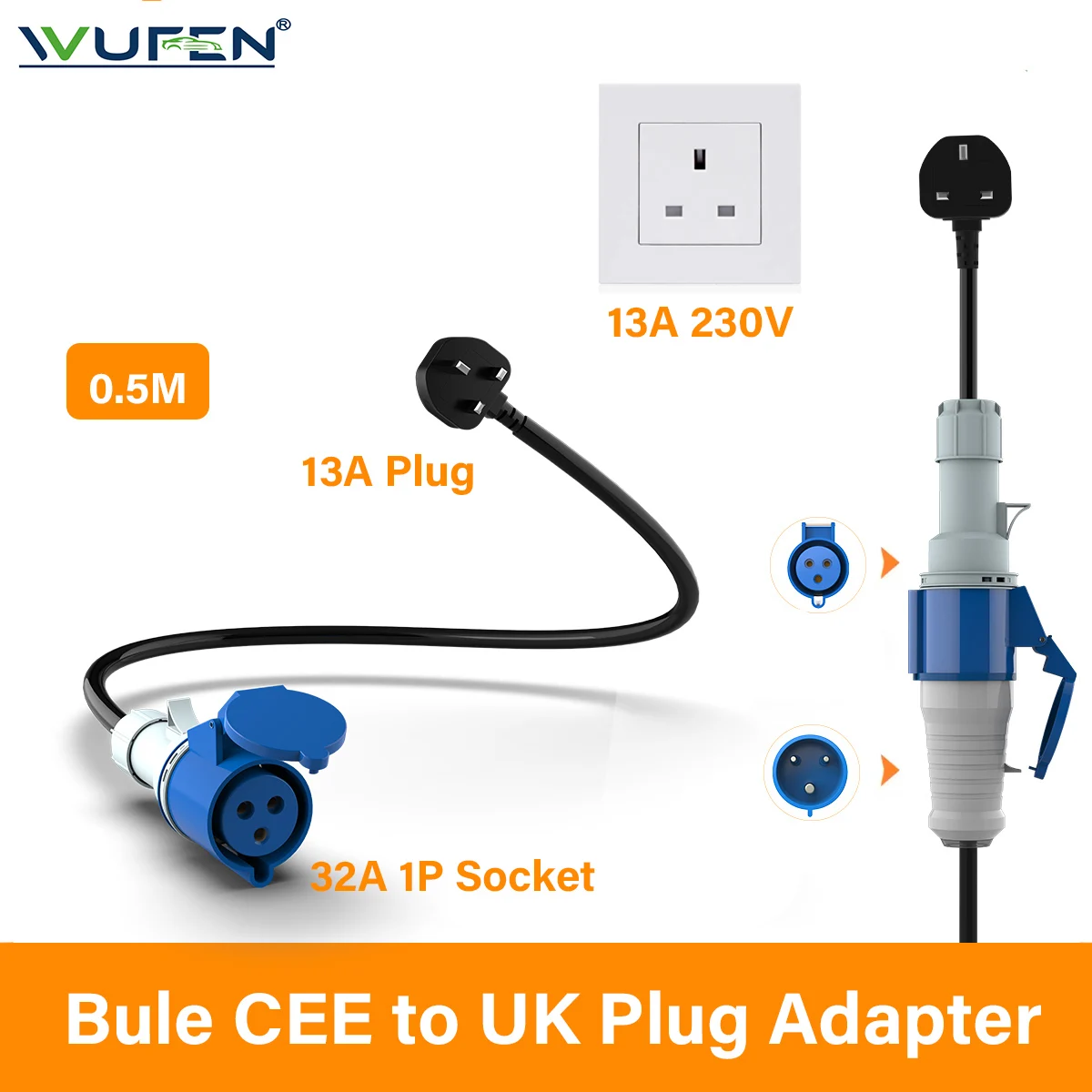 

WUFEN cee to 230v adapter Electric Vehicle Charging Adapter 32A Blue CEE Socket to 13A UK Plug Adapter For Portable EV Charger