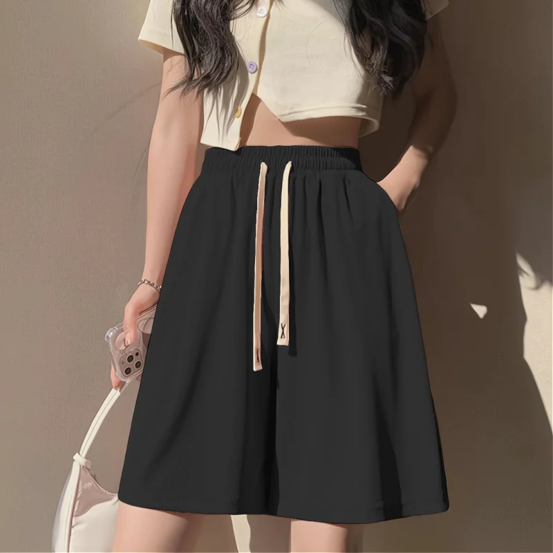 Women Summer Simplicity Loose Fashion Solid Color Ice Shreds High Waist Wide Leg Women Clothes Casual All-match Quarter Shorts