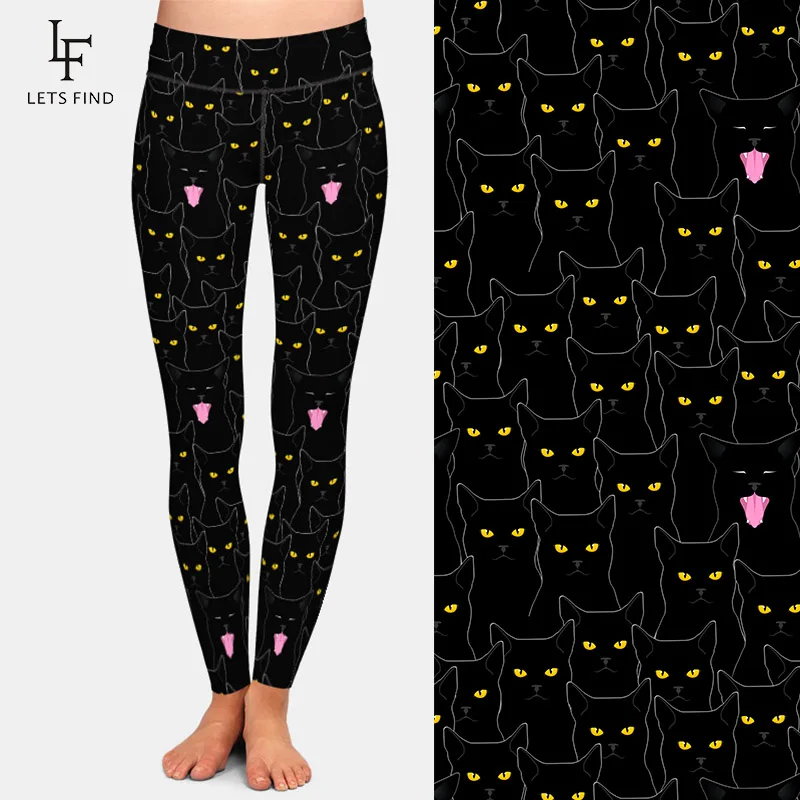 LETSFIND-mallas elásticas de cintura alta para mujer, Leggings con estampado de gato negro 3D, de seda de leche, para Fitness, 2020