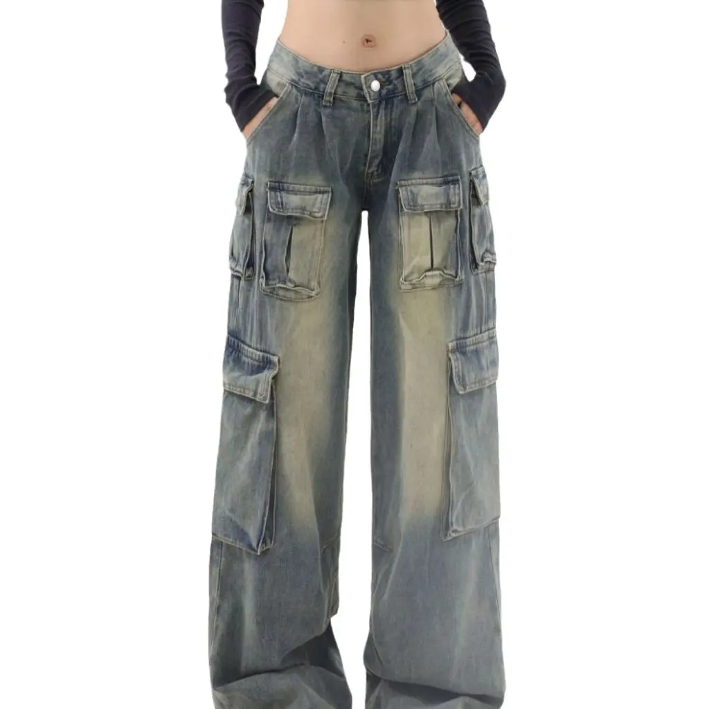 European And American Style Medium Low Waist Wide Leg Mop Pants for Women Multi-Pocket Loose Fit Workwear Jeans
