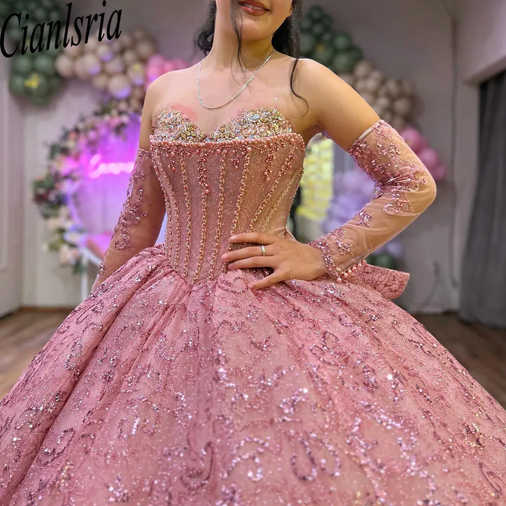 Vestido De baile De quinceañera con lentejuelas De cristal rosa brillante, sin tirantes vestido De quinceañera, perlas, corsé con cuentas, dulce 15 Años