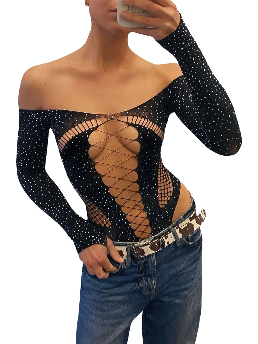 

Women’s Off Shoulder Bodysuit Shiny Rhinestone Long Sleeve Hollow Out Fit Leotard Tops