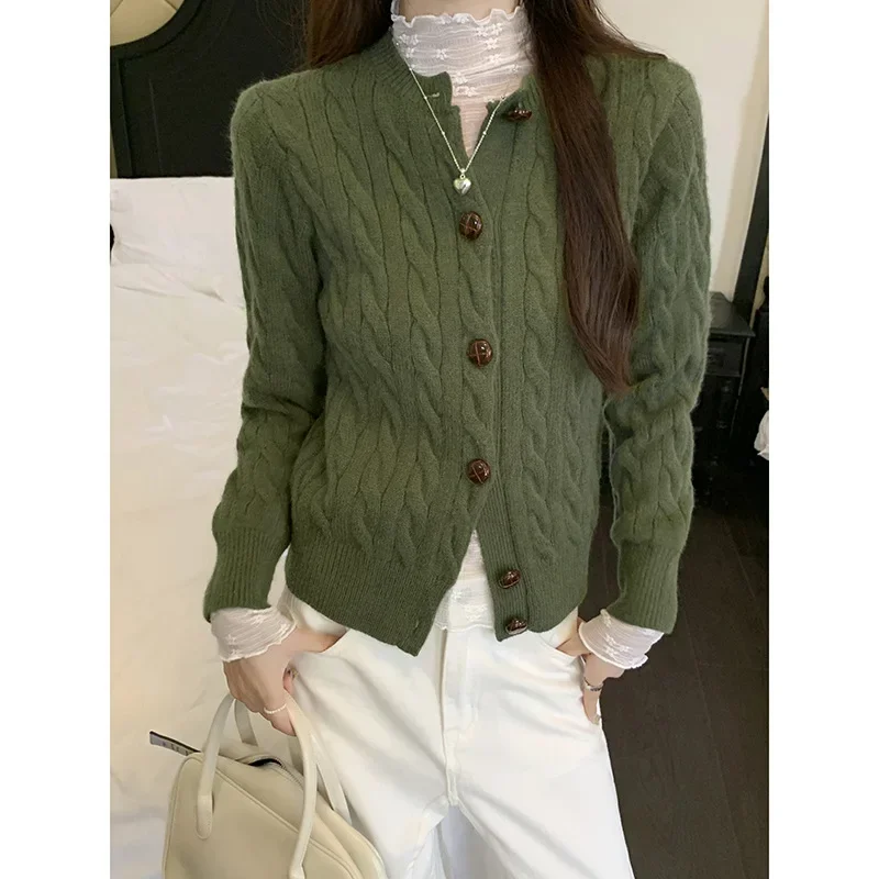 Long Sleeve Knitted Cardigan Women's 2024 Autumn and Winter Wear High Grade Button Fried Dough Twists Sweater Top Coat