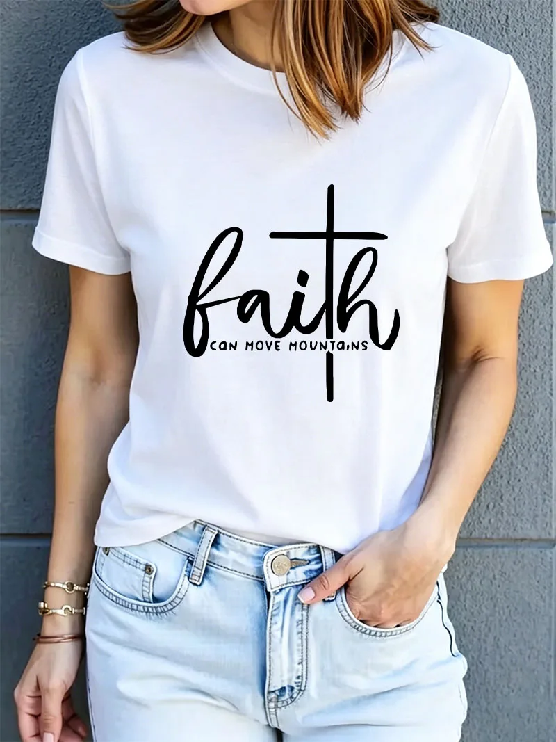 T-shirt O Neck Casual Fashion Faith Can Move Mountains Letter Printed T Shirts Women Short Sleeve Tee Shirt Summer Spring