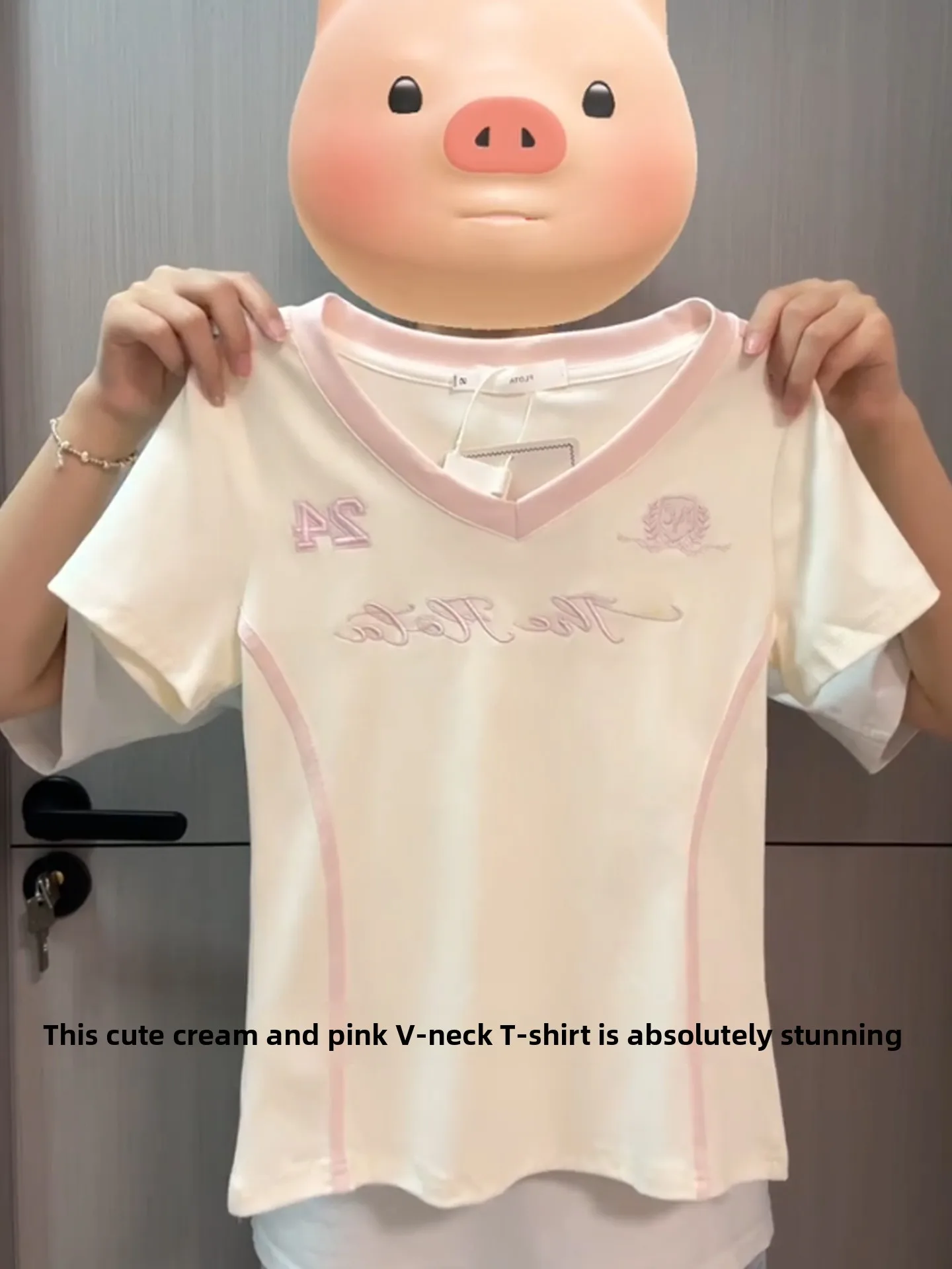 Korean Style Color Block V Neck Embroidered Letter Short Sleeve T Shirt Women's Summer New Fashion Unique Beautiful Top