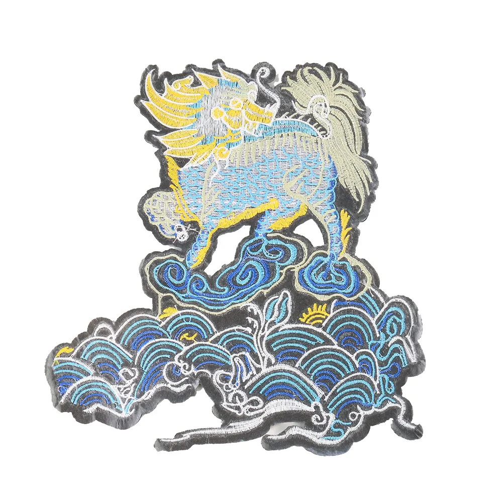 Chinese style anime embroidery badge, stepping cloud qilin embroidery cloth sticker, clothing cheongsam decoration