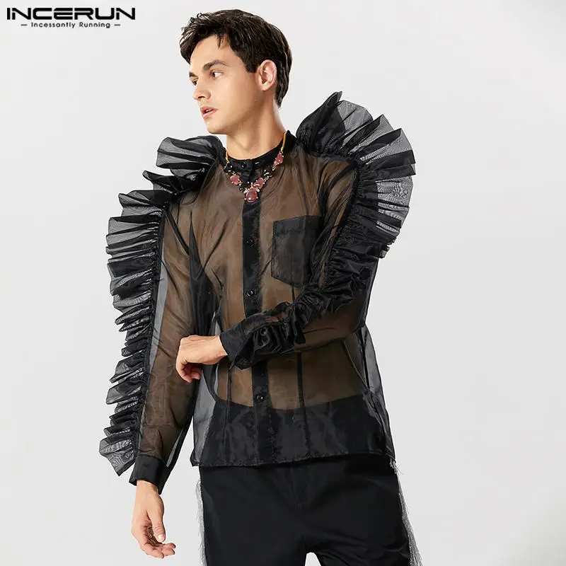 Men Shirt Mesh Patchwork Transparent Pleated Stand Collar Long Sleeve Camisas Streetwear 2023 Sexy Party Fashion Shirts INCERUN