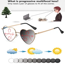 Occhiali da lettura multifocali progressivi fotocromatici con montatura Color oro in lega a forma di cuore + da 0.75 a + 4