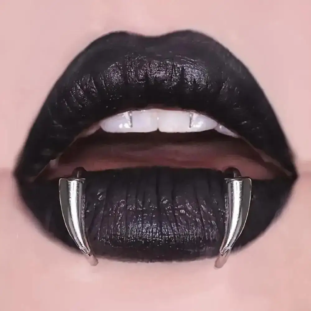 Gothic Style Silvery Fang Clip-On Lip Rings 1 Pair Body Jewelry for Women and Men Punk Lip Stud Non-Piercing Jewelry