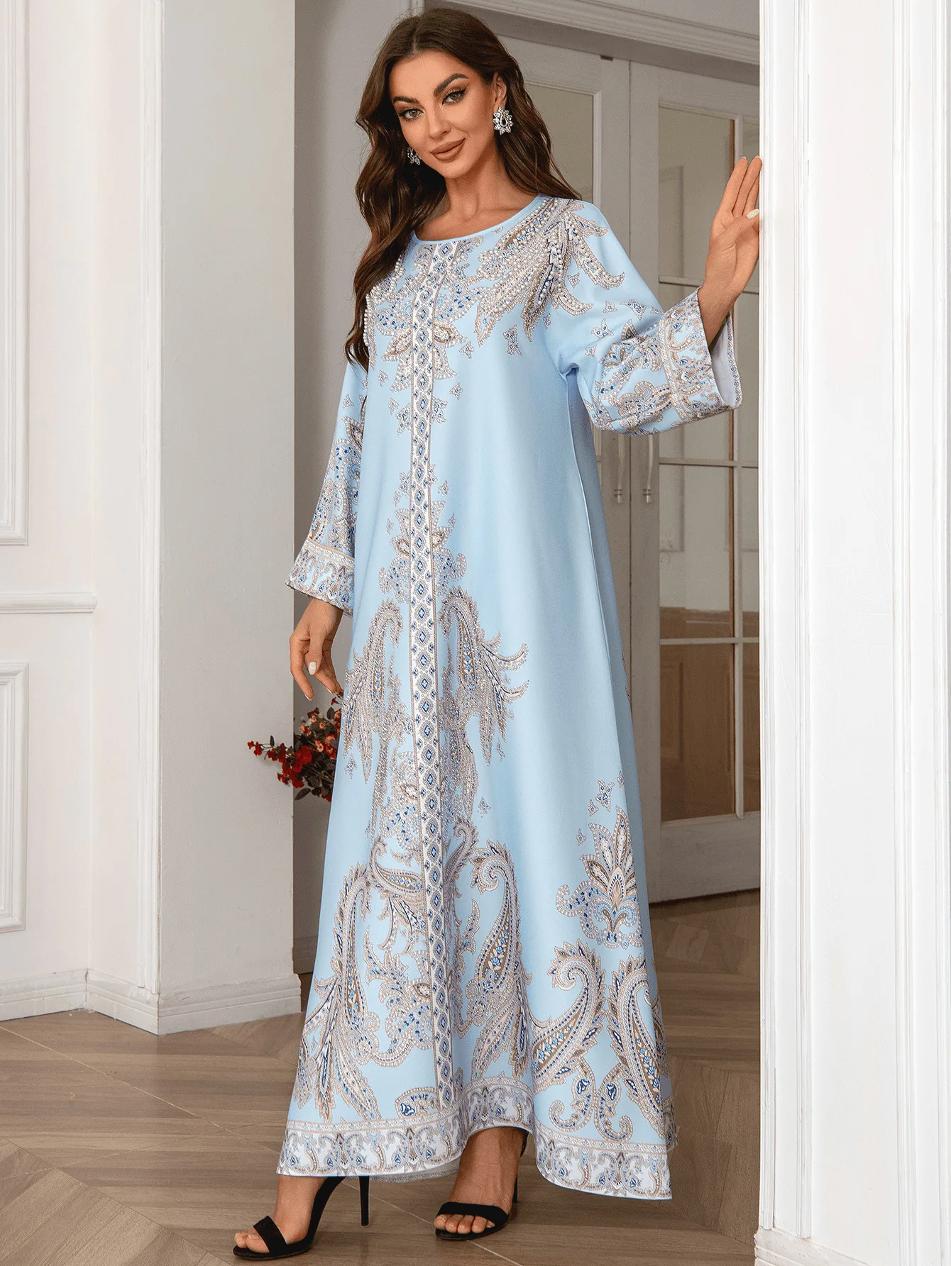 Eid Muslim Beading Party Dress for Women Ramadan Abaya Long Dress Print Morocco Kaftan Vestidos Largos Dubai Robe Jalabiya 2024