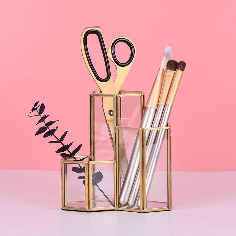 Nordic Creative Glass Combinação Pen Holder, Ouro Multi-Funcional Desktop Papelaria Decoração, Acessórios de armazenamento