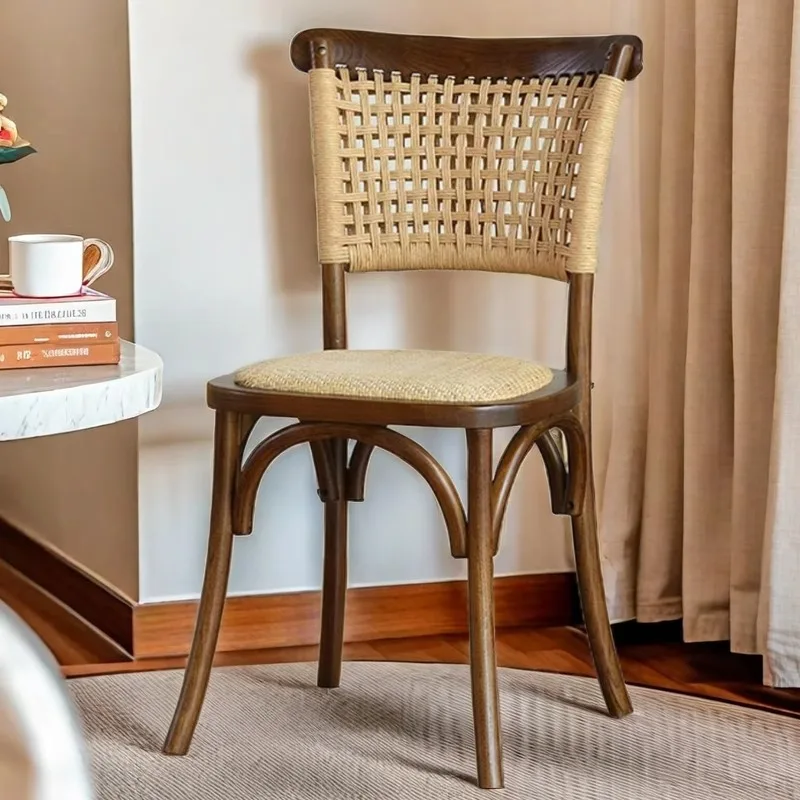 For Scandinavian Dining Chair Vintage Rattan Backrest Chairs with Solid Wood Legs Comfortable Cafe Seat Rustic Tea Room Furnitur