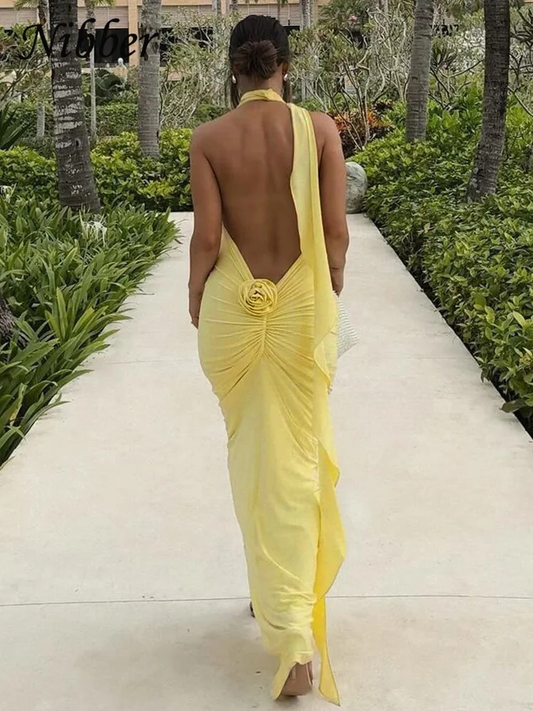Nibber-Vestido maxi elegante com decote em v para mulheres, vestido de noite, flores sem costas, fitas, vestido feminino Bodycon, rua alta