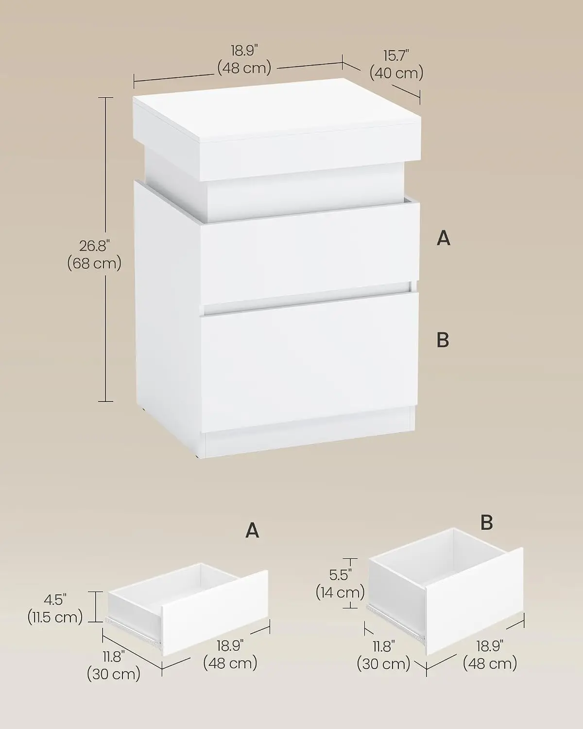 Set Of 2 Nightstands With Power Outlets LED Lights Sliding Lid 2 Drawers Bedside End Tables Cloud White