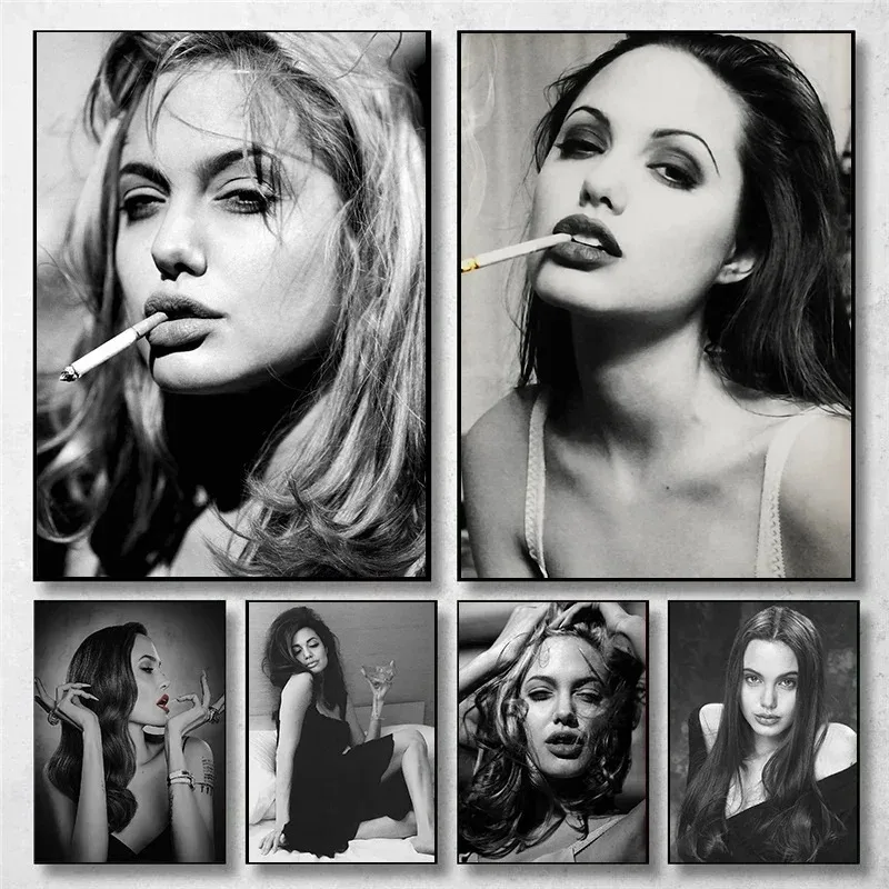 Vintage Black and White Angelina Jolie Smoking Drinking Art Posters Canvas Painting Wall Prints Picture for Room Bar Home Decor