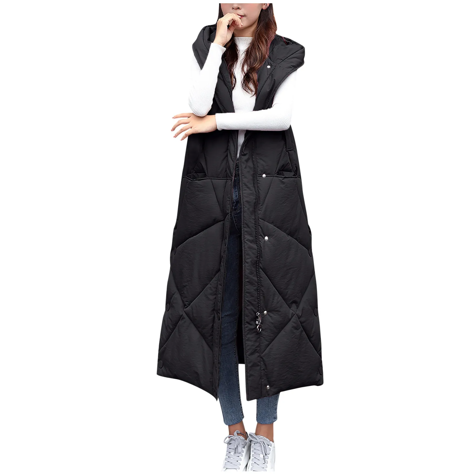 Mid Length Womens' Vest Thicken Cotton Jacket Quilted Hooded Long Coat Autumn Winter Sleeveless Casual Jackets Ladies Vests