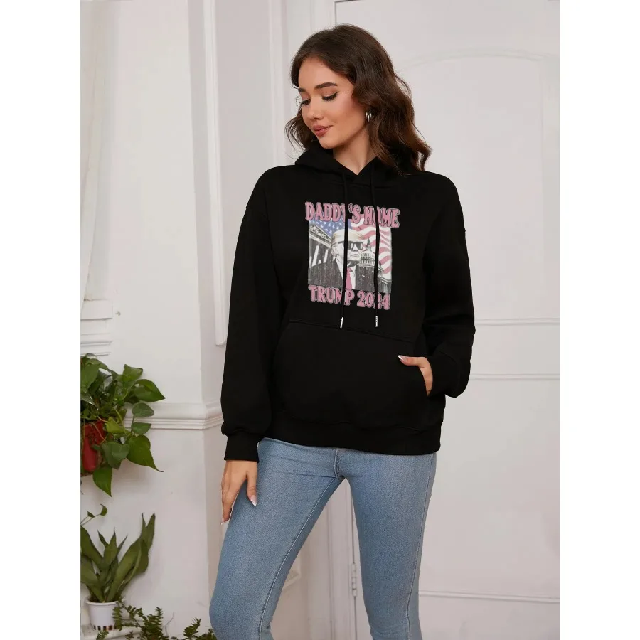 Basic Women Casual Hooded Sweatshirt Autumn Winter Padded Long Sleeve Alphabet Printed Top Oversize Black