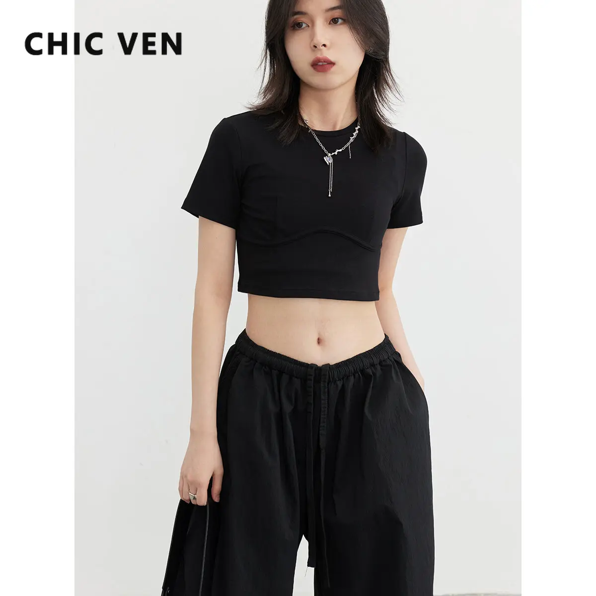 

CHIC VEN T-shirt for Women Design Short Top Slim Fit Short Sleeve Crop Tops Solid Fashion Basic Ladies Tees Summer 2023