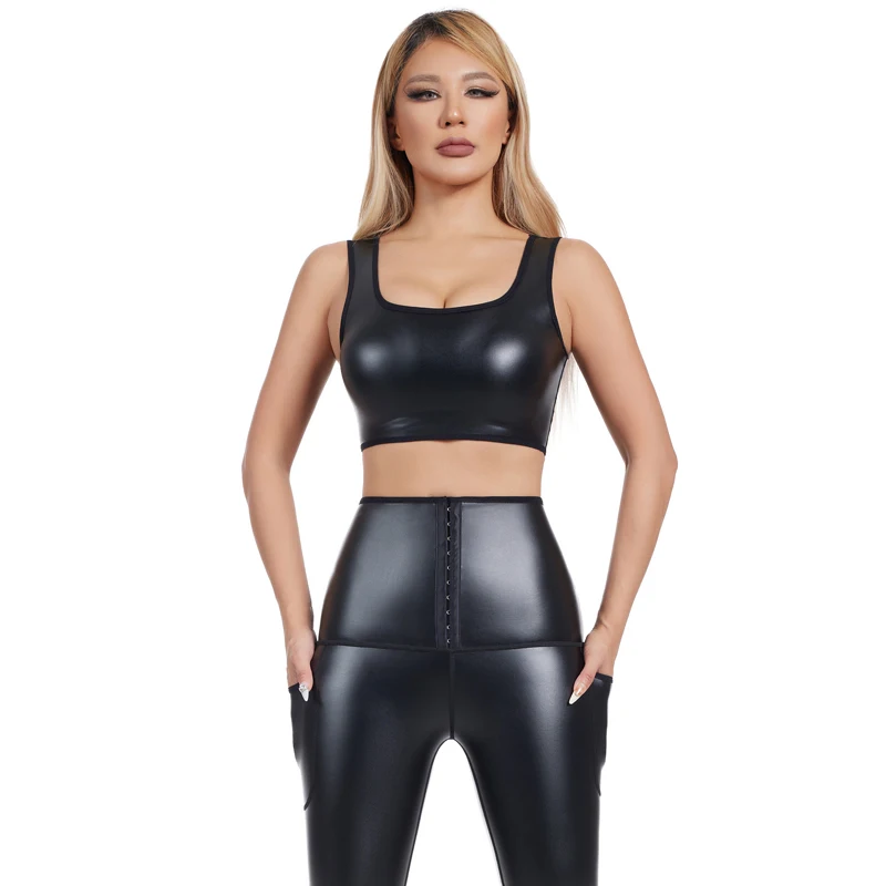 Legal menina falso couro sexy sutiã u pescoço sem mangas camisola colheita tanque superior cintura trainer corpo shaper camisa fina esportes shapewear