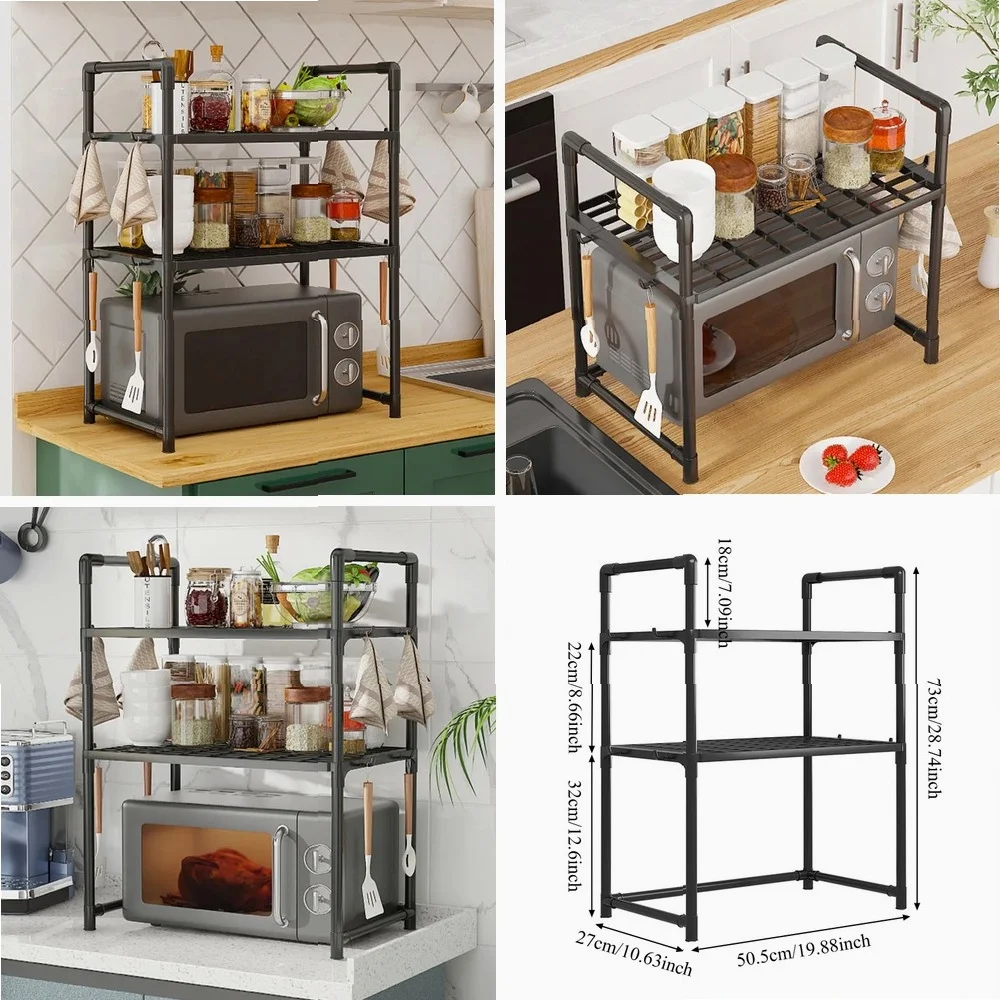 Multi-Purpose Kitchen Storage Rack - Thickened Adjustable Shelf for Microwave, Oven, Countertop Organizer with Tool Hooks