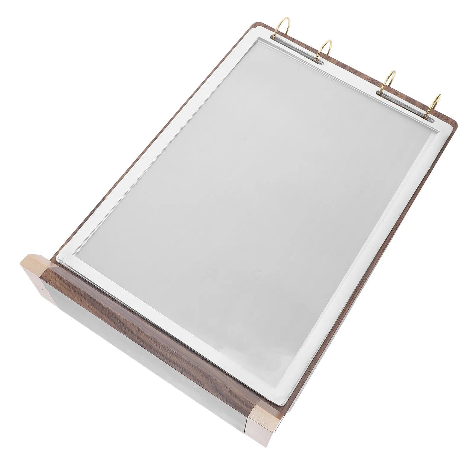 6 Pages A4 Walnut Wood Menu Holder Stand Tabletop Flip Display For Restaurant Cafe Table Top Sign Holder Wood Card Rack Menu view 4