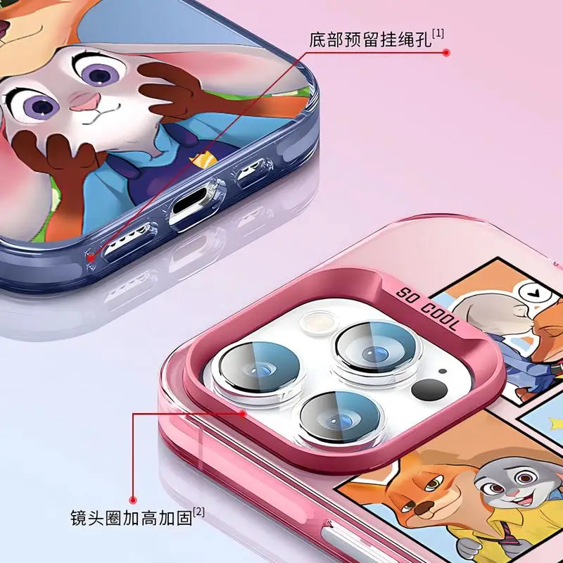 Matte Phone Case for Apple iPhone 15 14 13 12 11 pro Max 15plus 14plus Disney Zootopia Nick Judy Colorful Silver Acrylic Cover