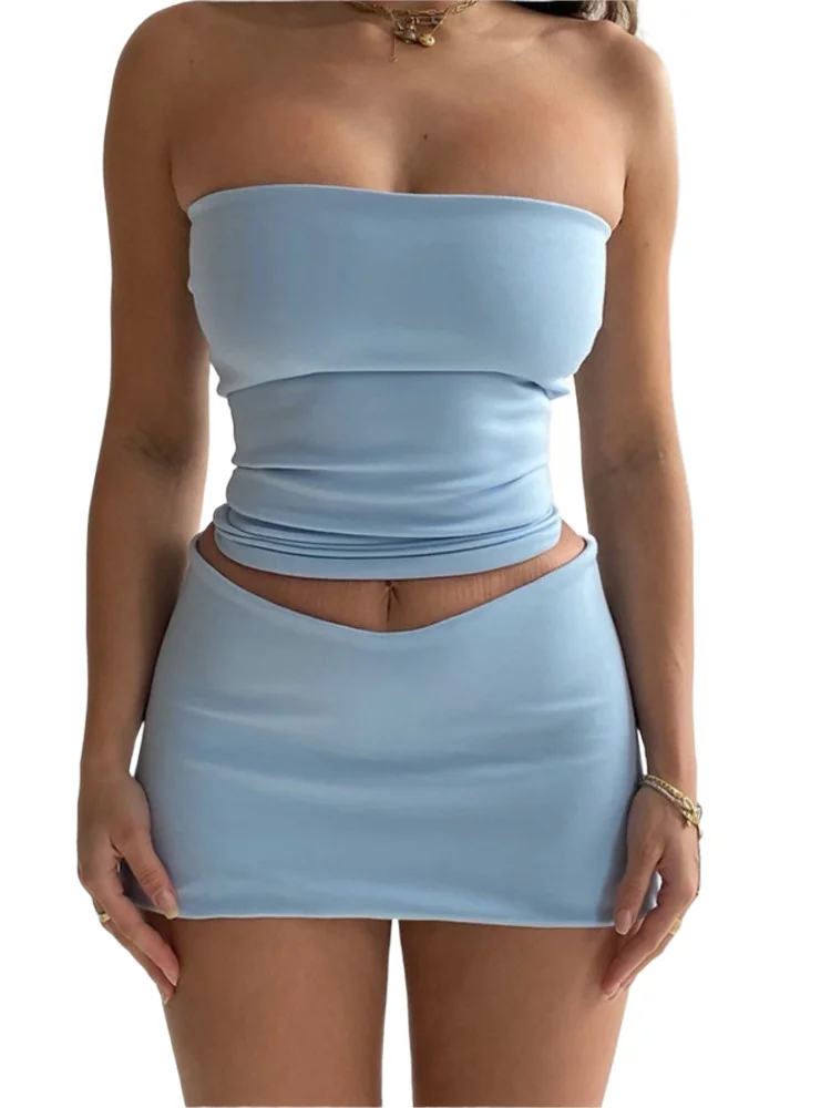 

Женский сексуальный комплект мини-юбки из двух предметов, летняя мода 2025 года, элегантный укороченный топ без бретелек для вечеринки в ночном клубе и облегающие юбки, 2 комплекта